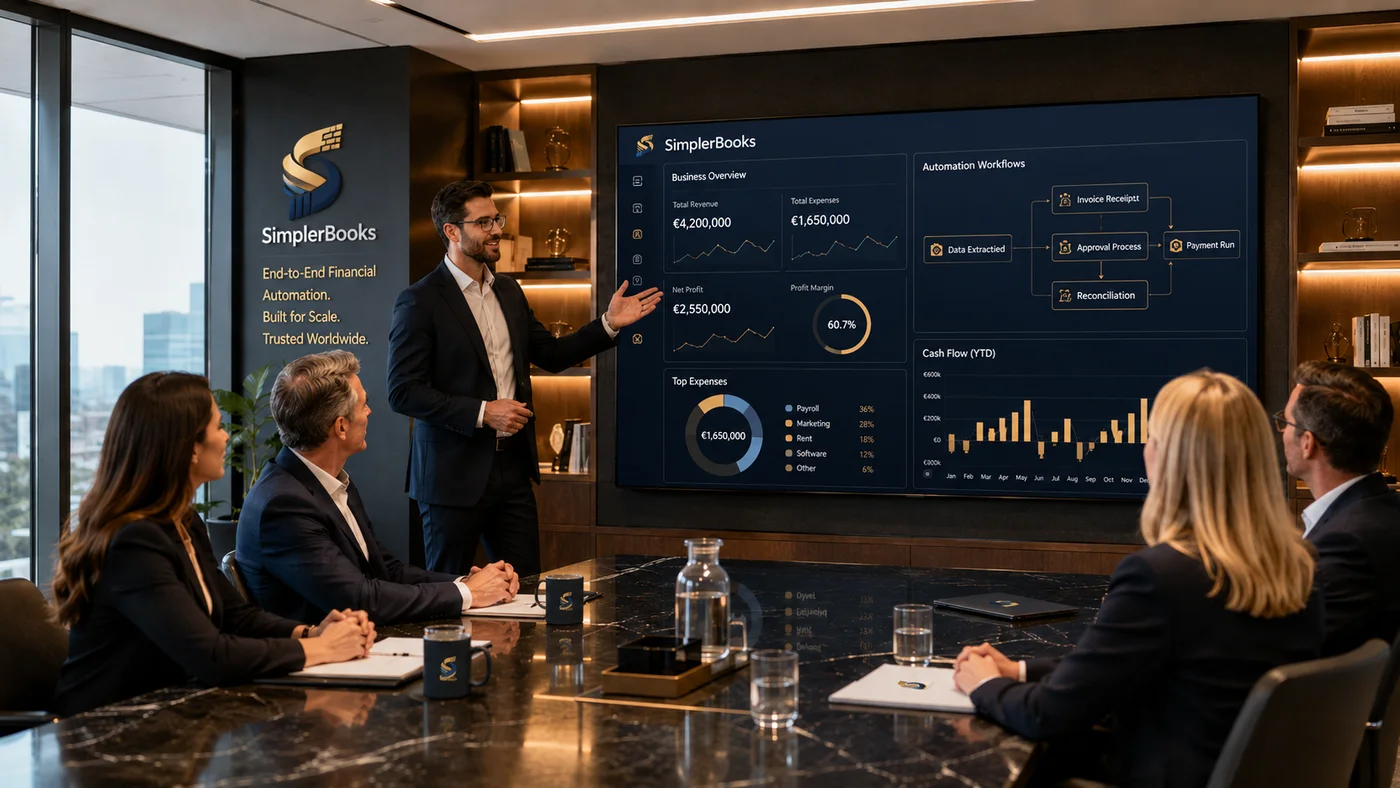 Executive dashboard scene representing BizCore360 business operations workflows